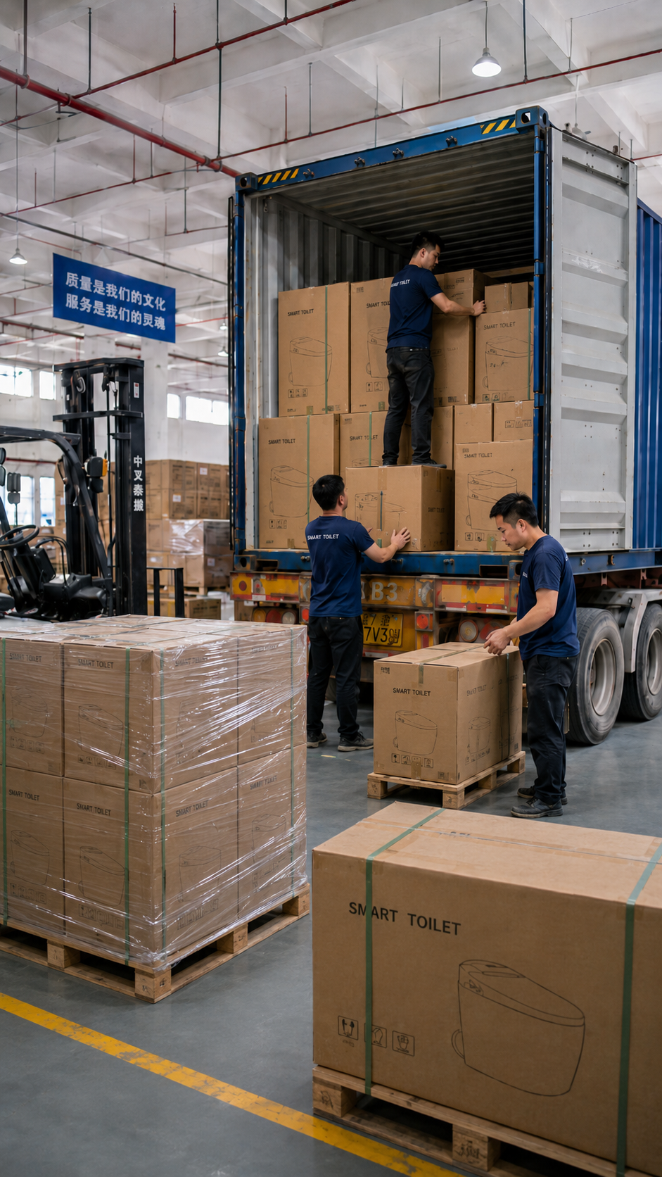 BIKI smart toilets being loaded into a shipping container